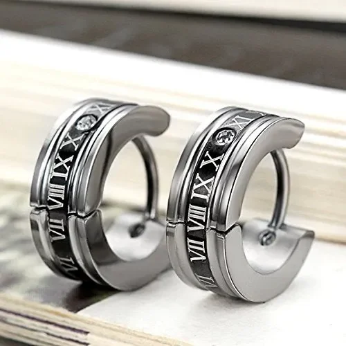 Flongo orecchini uomo in acciaio romatico lettering schema cerchio forma Nero Vendita calda - immagine 2