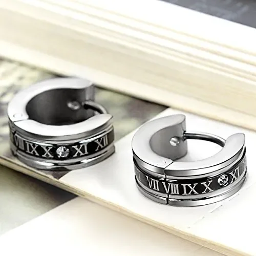 Flongo orecchini uomo in acciaio romatico lettering schema cerchio forma Nero Vendita calda - immagine 3