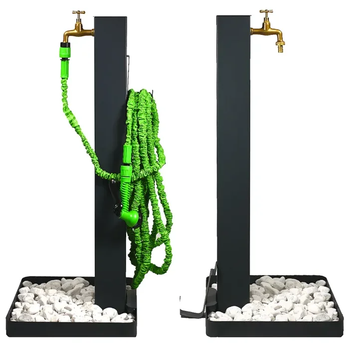 Fontana da Giardino Design a Colonna Quadrata Rubinetto in Ottone e Base con Ciottoli Verde - immagine 2