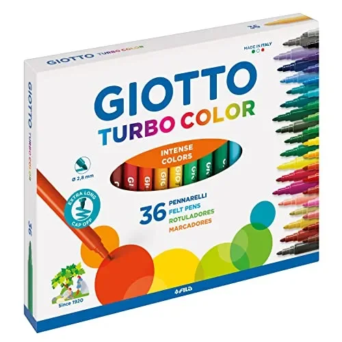 GIOTTO Turbo Color – Astuccio da 36 Pennarelli a Punta Fine, 2.8mm, Colori Intensi