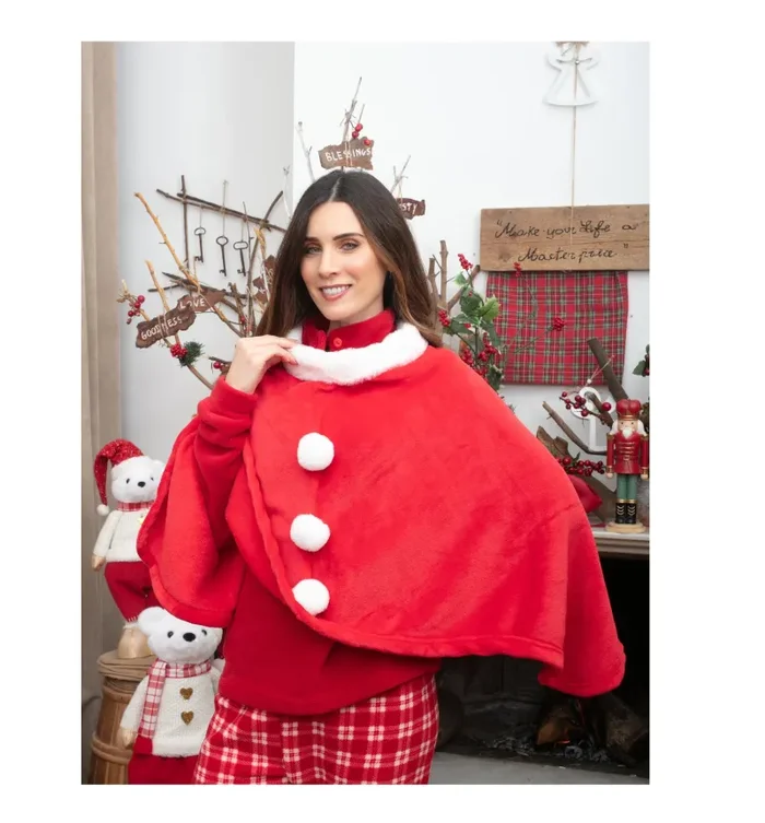 Preziosa Home Mantella Natale Poncho in Coral 110 x 80 Cm Collo Pelliccia e Pon Pon Rosso Online ora