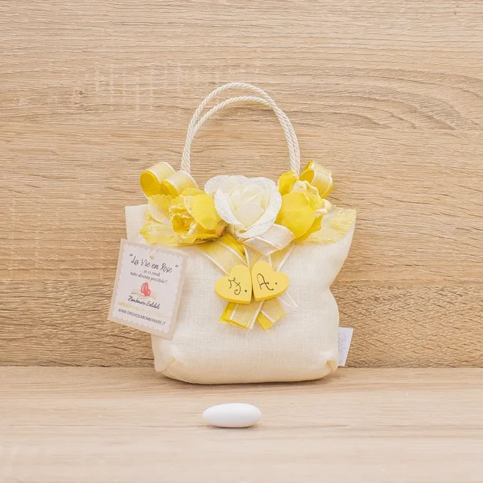 Sacchetto Borsetta con Fiori Oro Personalizzato e Sali Profumati Francesi La Vie en Rose