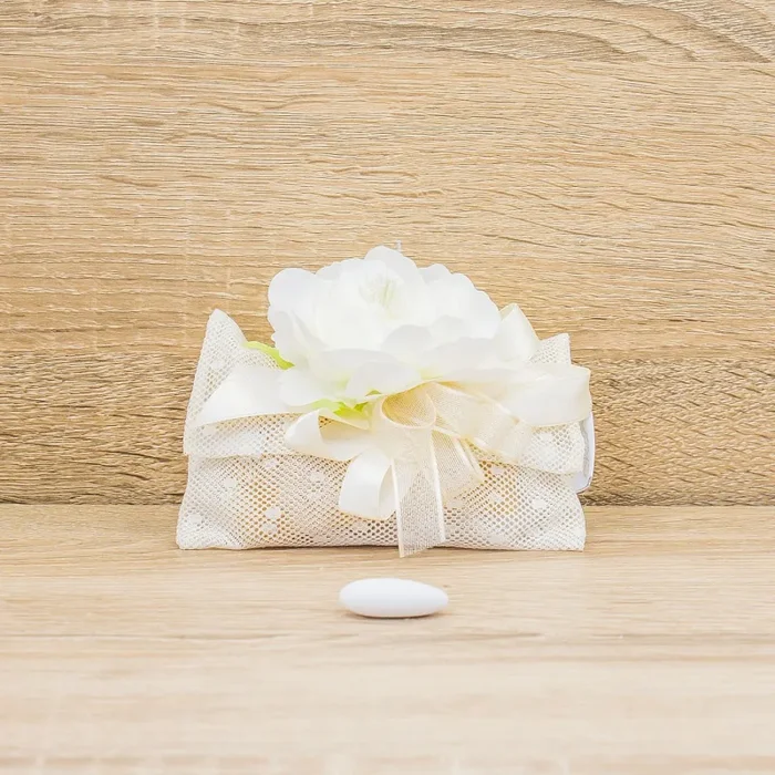 Sacchetto Pochette Fiocco Panna con Pois e Sali Profumati Francesi La Vie en Rose