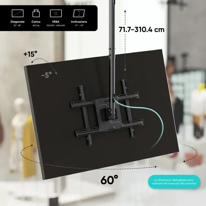 Supporto TV da soffitto telescopico, da 32″ – 80″, carico max 68,2 kg, nero N2L-B - immagine 3