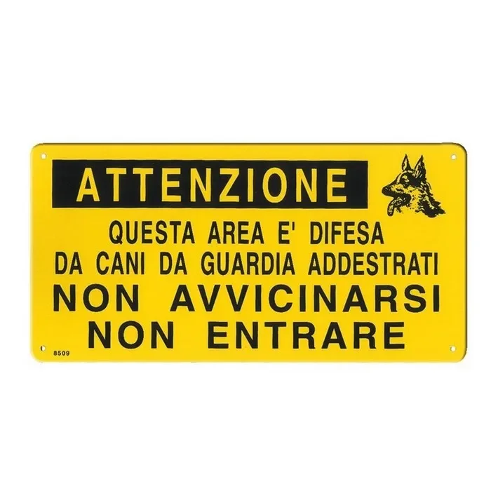 Targa gialla in metallo attenti al cane 20×10 cm