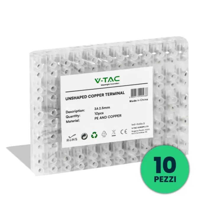 V-TAC | 11799| Morsettiera 12 Connettori per Cavo Elettrico 3A da 2.5mm Colore Bianco |Confezione 10 Pezzi – 120 Connettori|